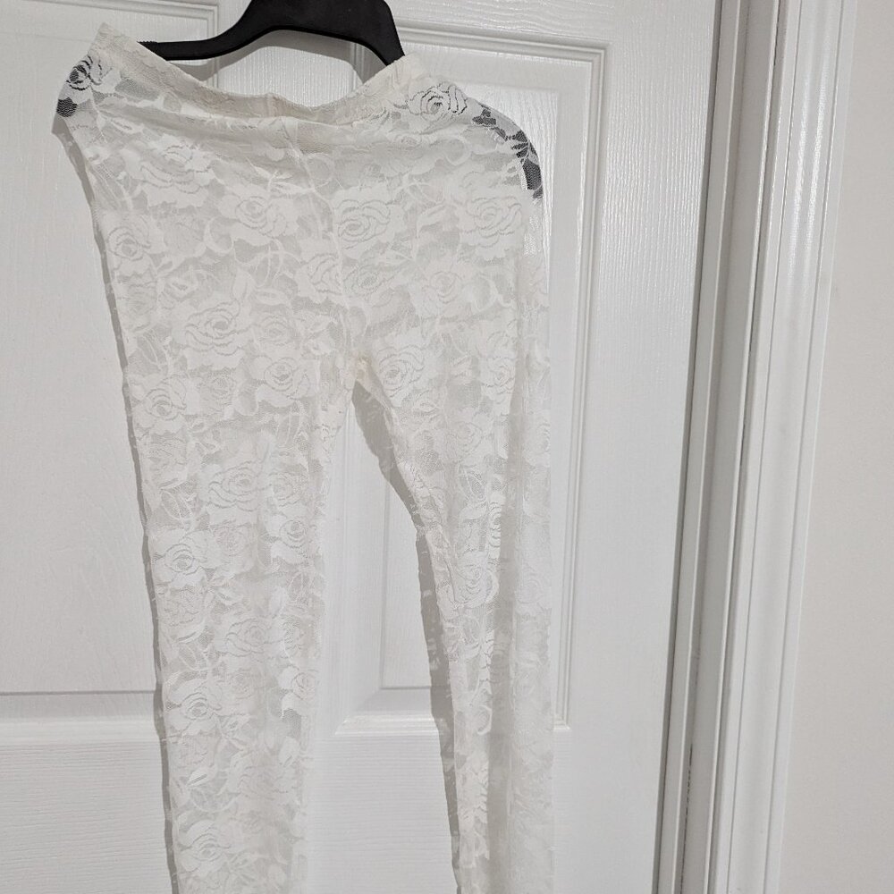 NWOT White Floral Rose Acrylic Lace Leggings Sz XS/S